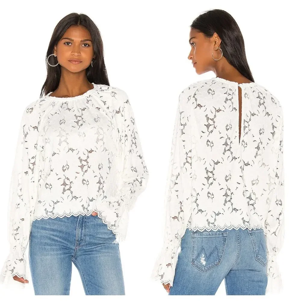 Free People Olivia Floral Lace Top Womens Medium Ivory Scalloped Trim Boho